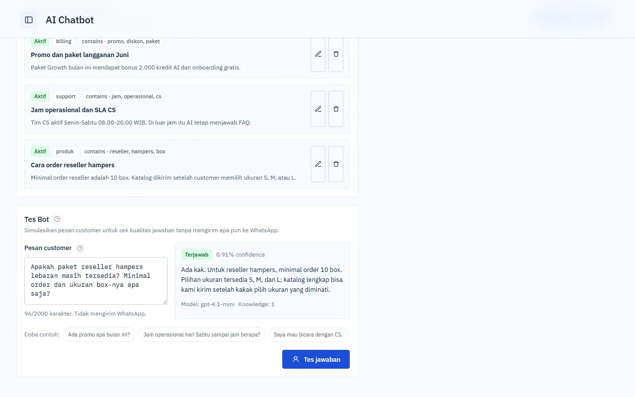 Demo tes jawaban chatbot AI Shiftwa