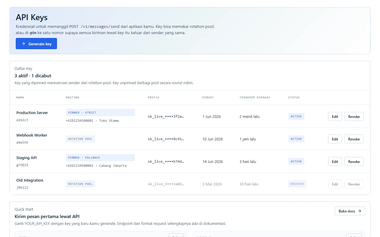 Pengaturan webhook WhatsApp di dashboard Shiftwa